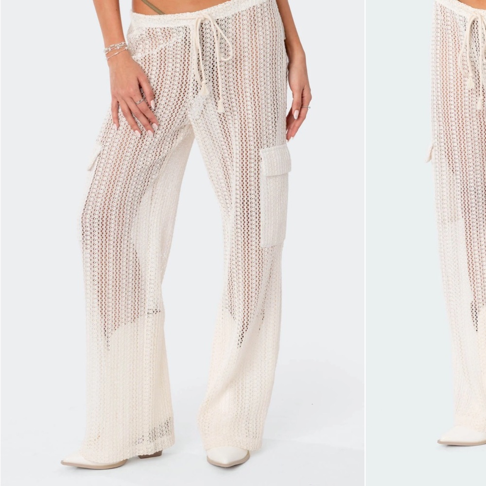 Edikted Off-White Crochet Knit Cargo Style 7 Pants